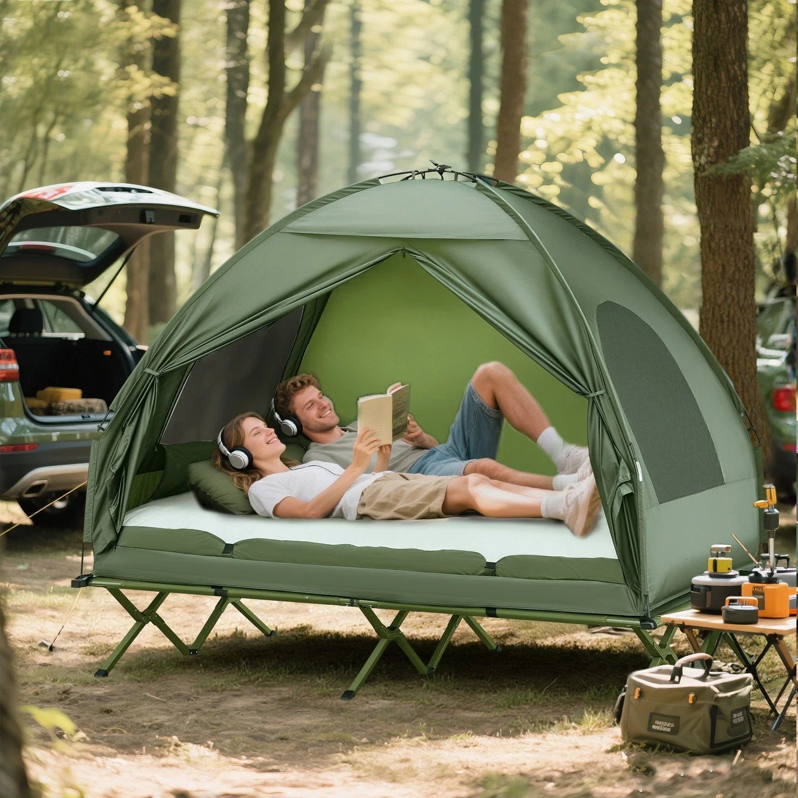 Outsunny Portable Folding Outdoor Elevated Camp Cot Tent Combo Camping Bed